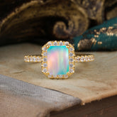 2 Carat Emerald Cut Opal 4 Prong Engagement Ring Pave Halo Bridal Ring